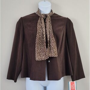 Vintage LESLIE FAY Size 16P Brown Faux Suede Suit Jacket & Animal Print Scarf